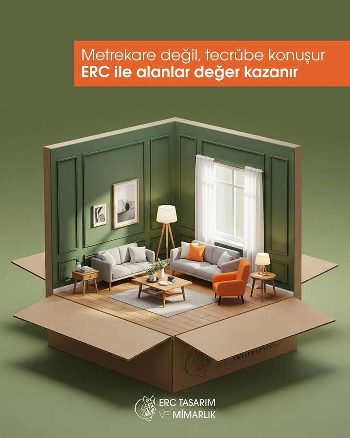 Creative ad: Miniature furnished living room rising out of an open cardboard box