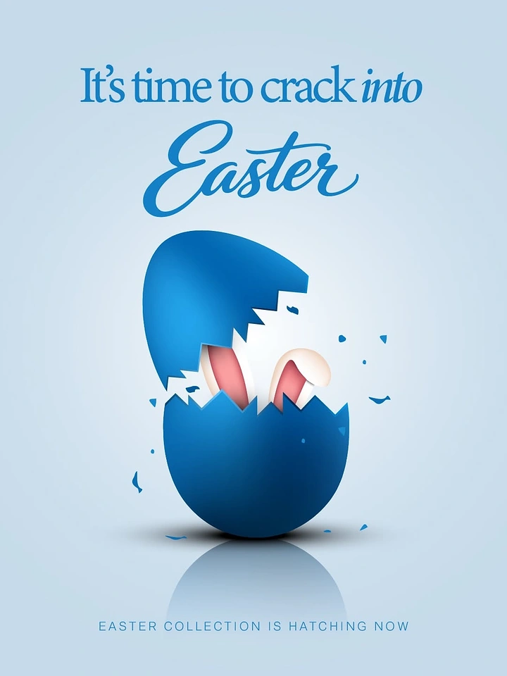 Easter creative ad: Cracked blue egg with bunny ears peeking out