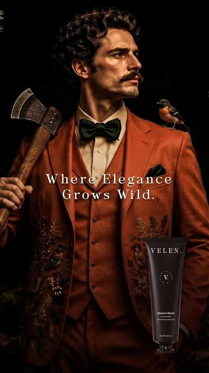 Skincare & Cosmetics creative ad: Moustached gentleman in embroidered rust suit holding an axe, bird on shoulder