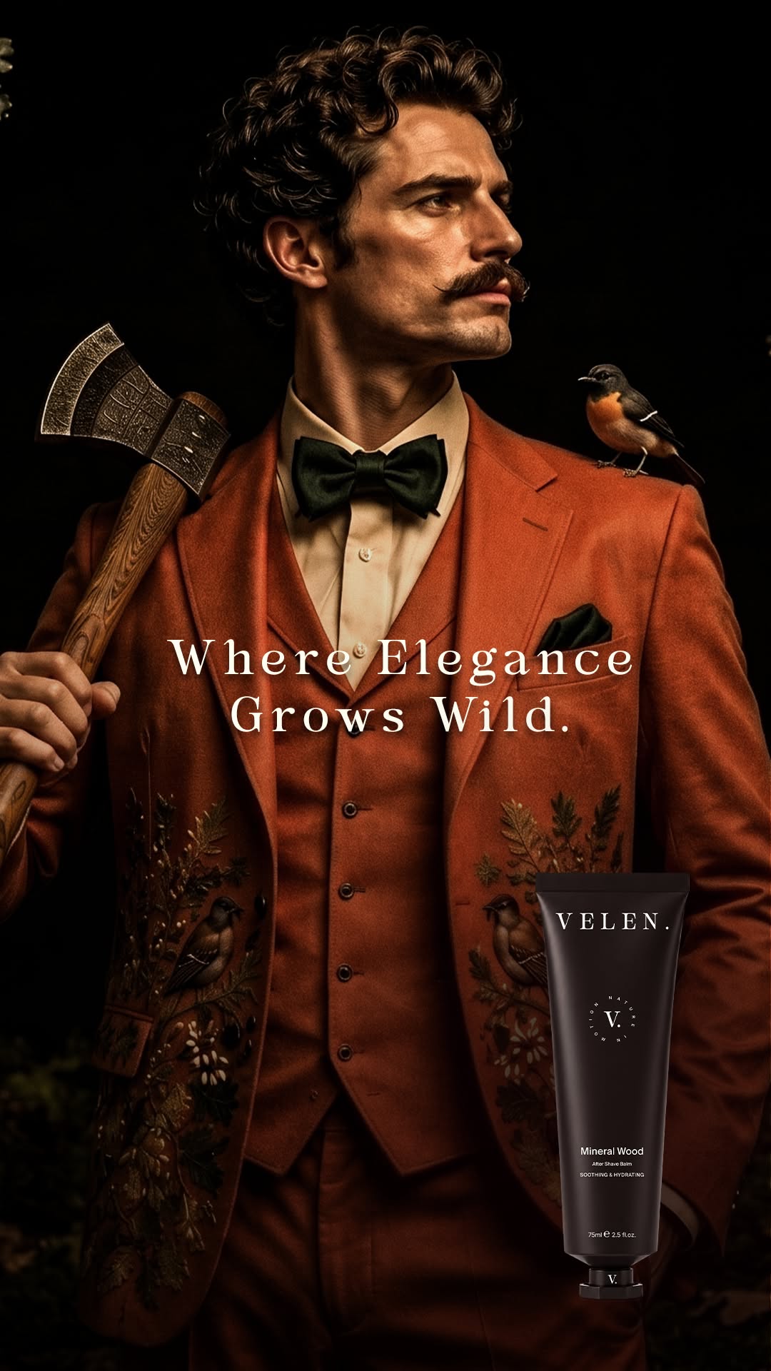 Story: Moustached gentleman in embroidered rust suit holding an axe, bird on shoulder