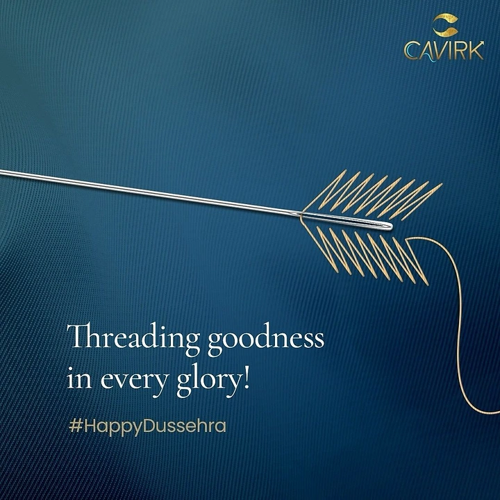 Dussehra creative ad: Silver sewing needle with gold zigzag stitches forming an arrow's fletching