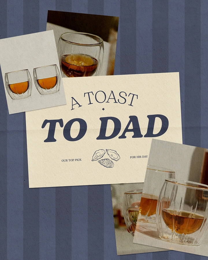 Father's Day creative ad: Double-walled glasses of amber spirit in a collage of photo prints
