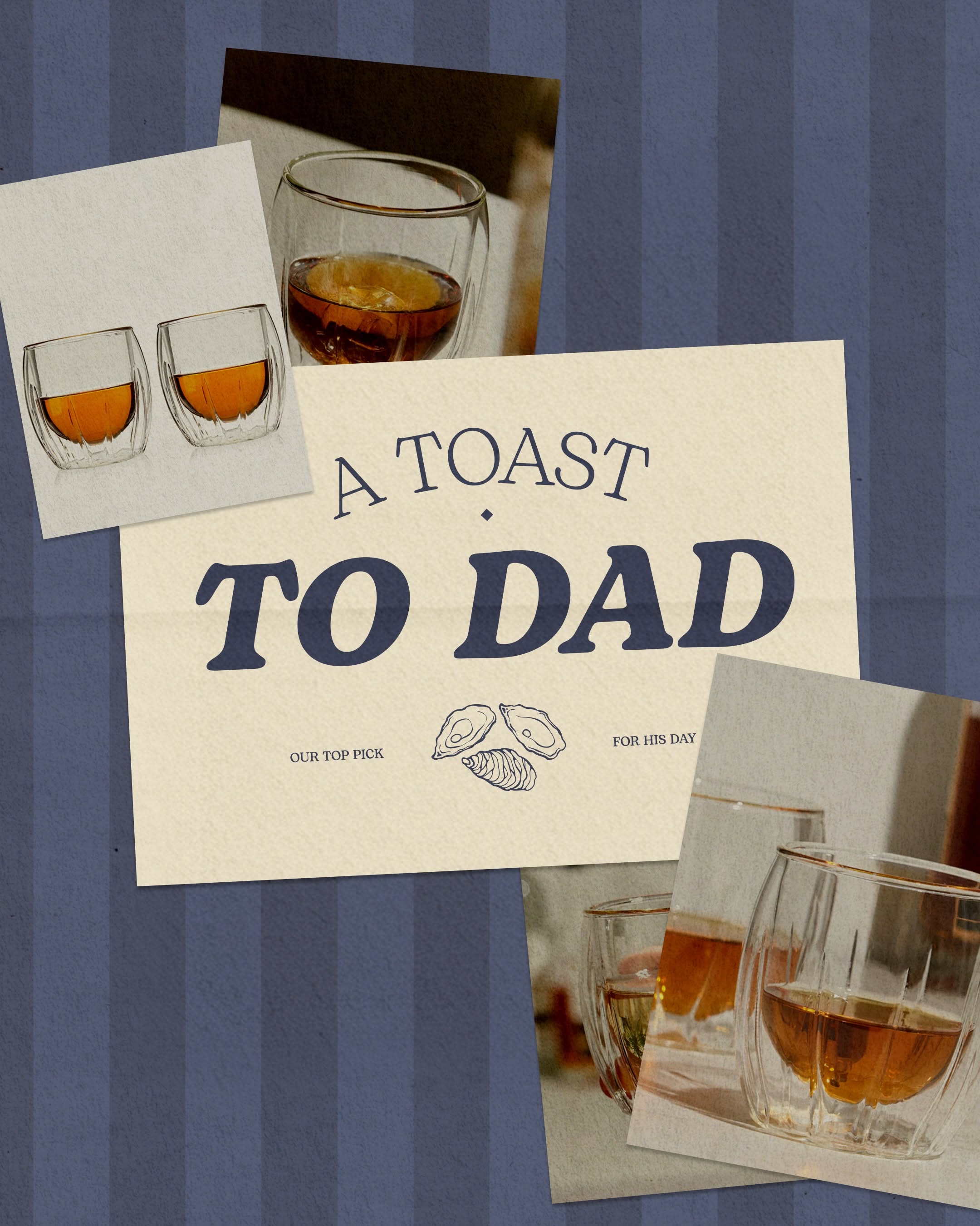 Double-walled glasses of amber spirit in a collage of photo prints