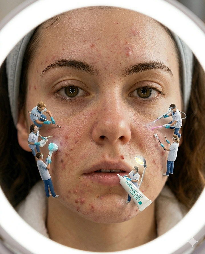 Skin & Cosmetic Clinics creative ad: Miniature workers treating acne face
