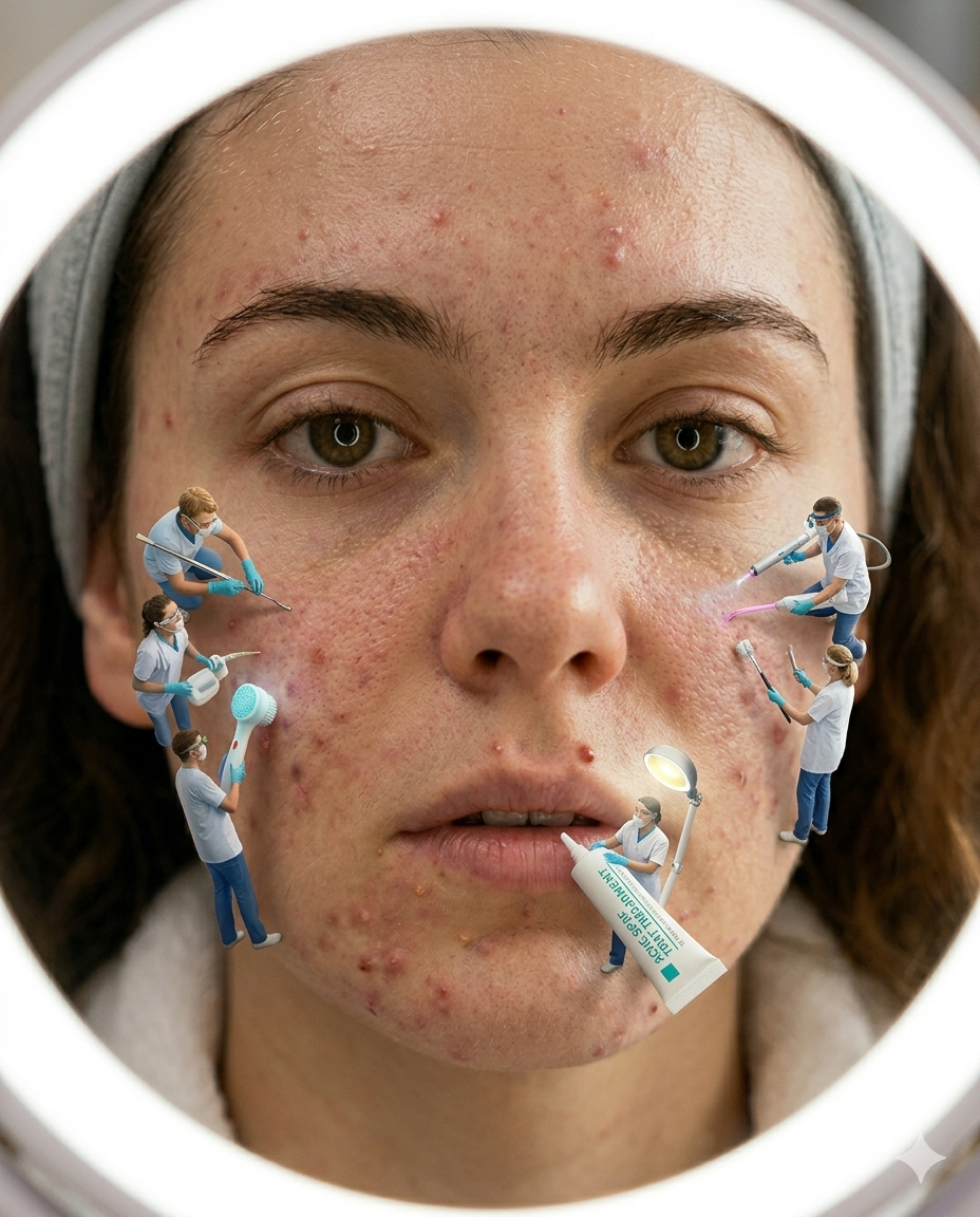 Instagram post: Miniature workers treating acne face