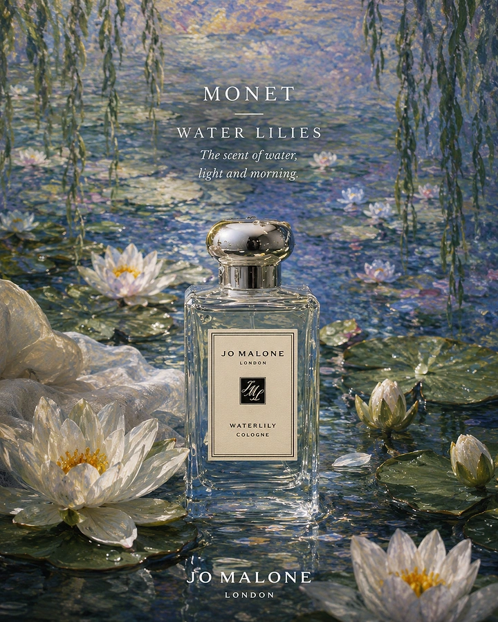 Perfume & Fragrance creative ad: Cologne bottle standing in an impressionist water-lily pond