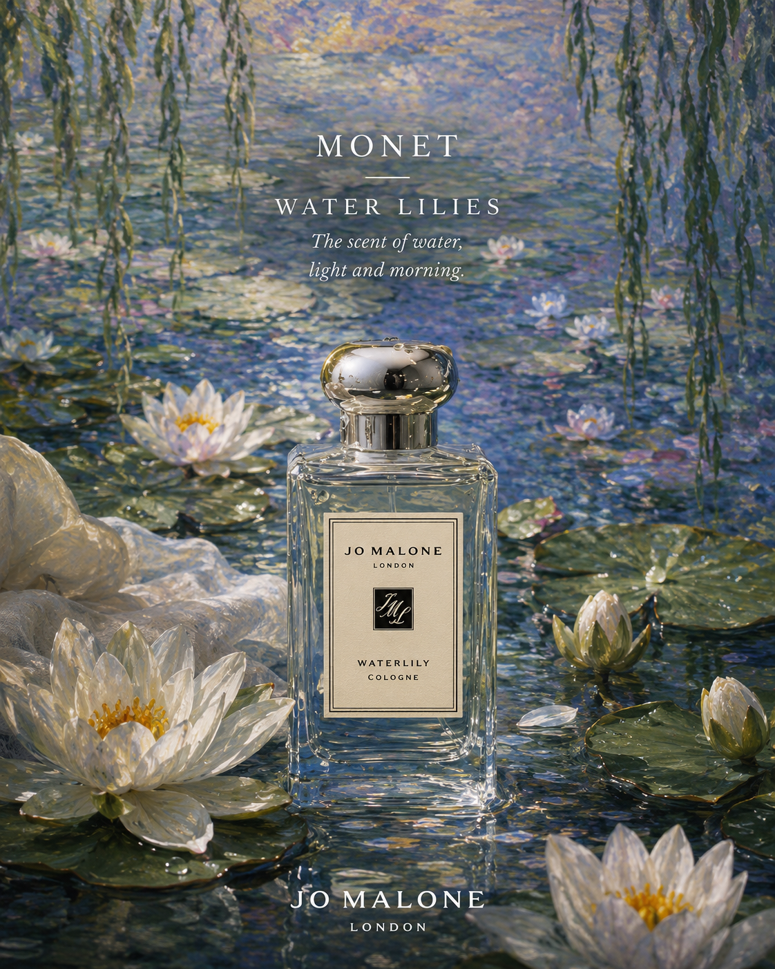 Cologne bottle standing in an impressionist water-lily pond