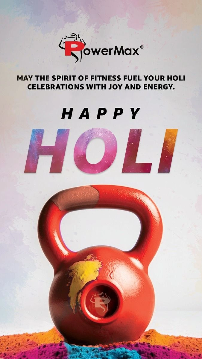 Holi creative ad: Red kettlebell smeared with Holi colour on powder piles