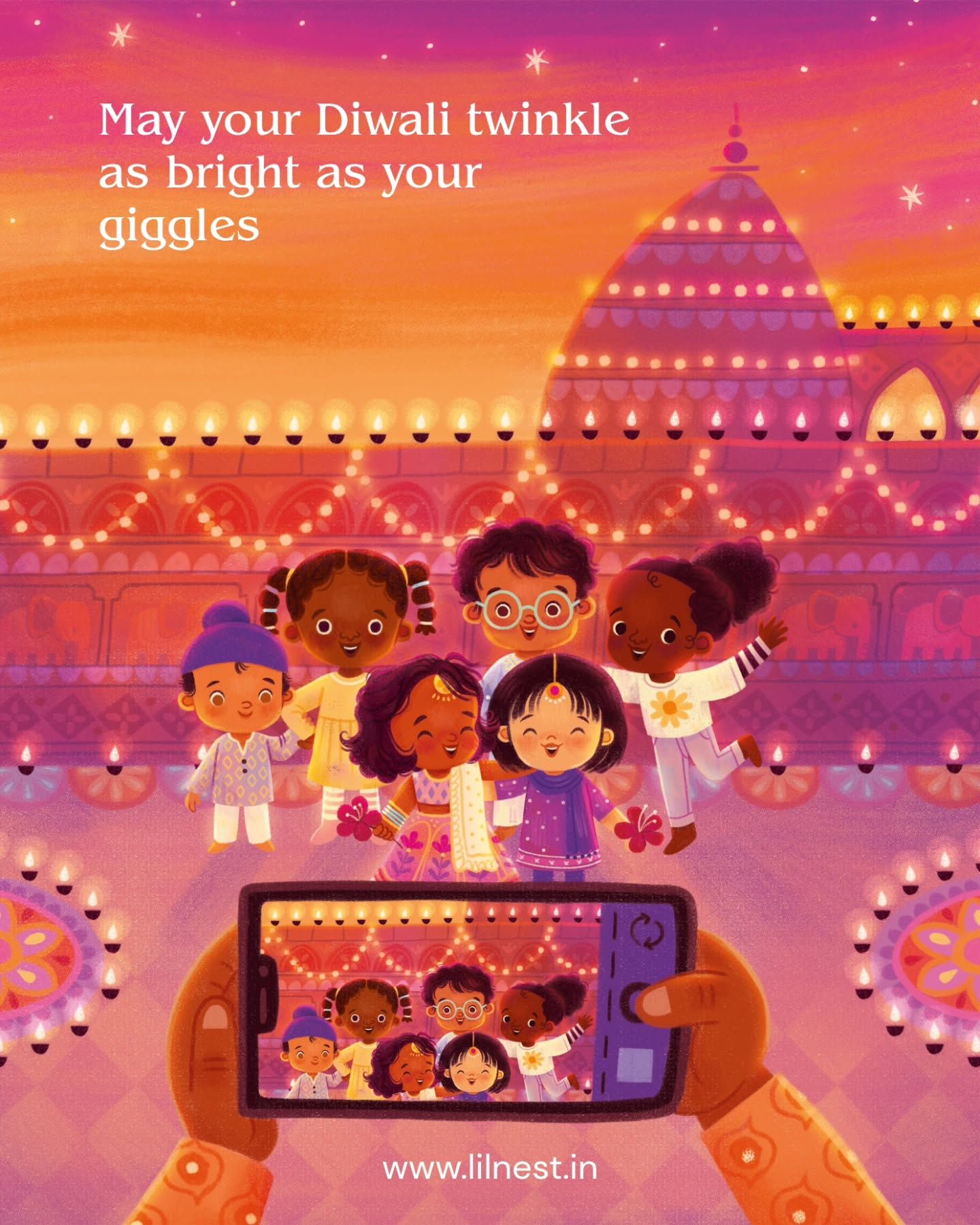 Diwali Instagram post: Diverse group of illustrated children posing while hands photograph them on a phone