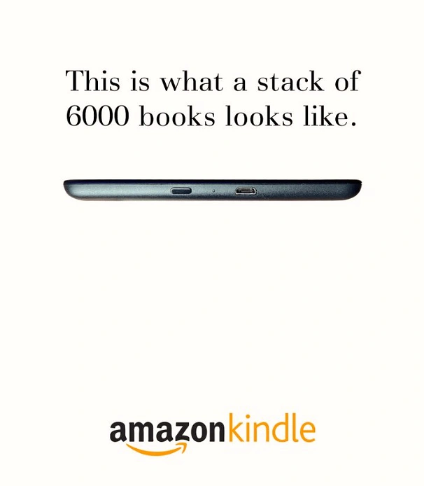 Bookstores creative ad: Kindle's slim edge shown as 6000 books