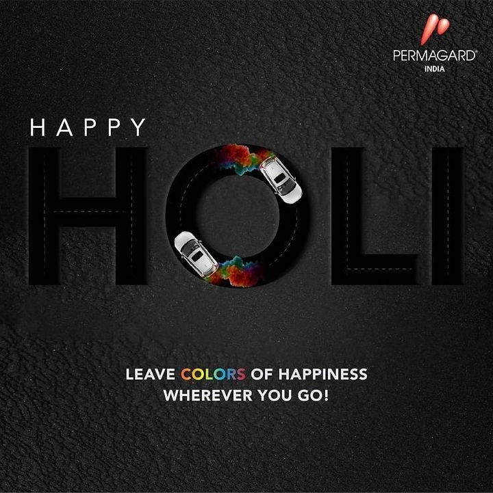 Holi creative ad: Giant debossed letters as roads, with two white cars circling the O leaving colour trails