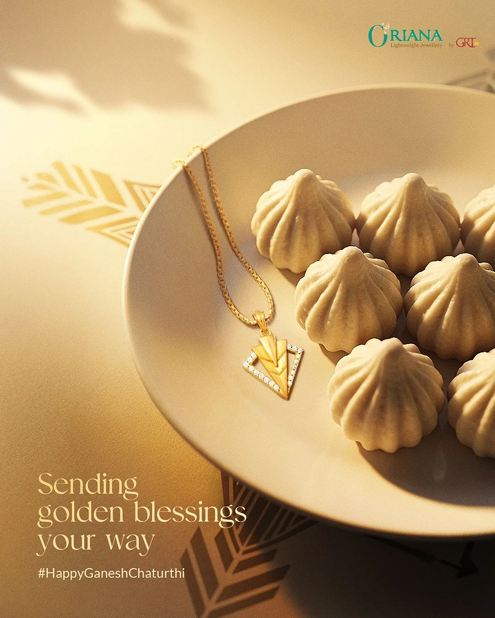 Ganesh Chaturthi creative ad: Gold pendant on a plate of modaks