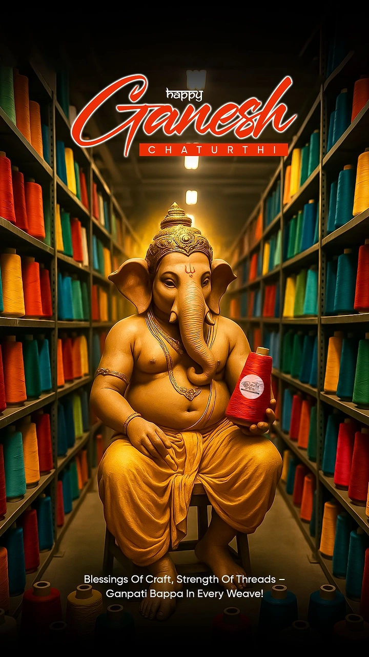 Ganesh Chaturthi creative ad: Golden Ganesha seated in a thread-spool warehouse aisle holding a red spool