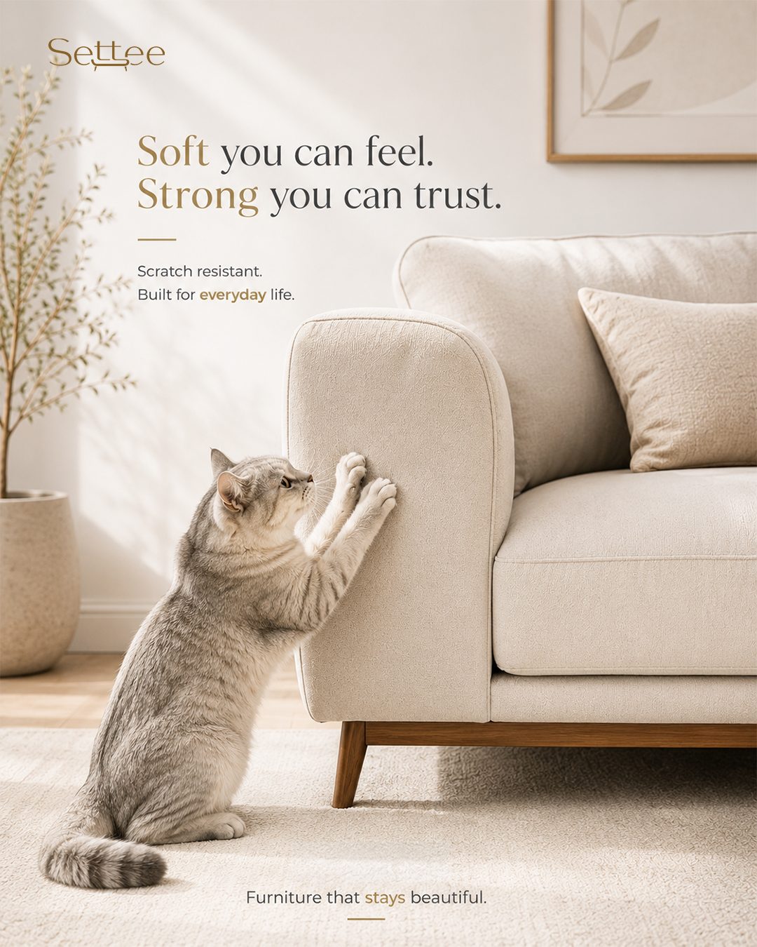 Instagram post: Cat scratching the arm of a cream fabric sofa