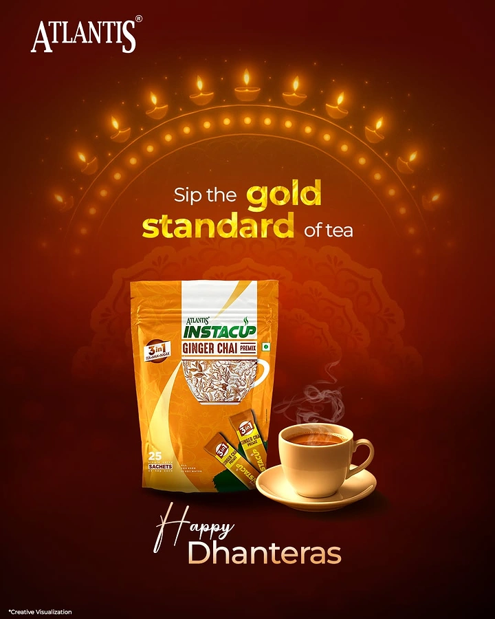 Dhanteras creative ad: Ginger chai premix pouch beside a steaming cup of tea