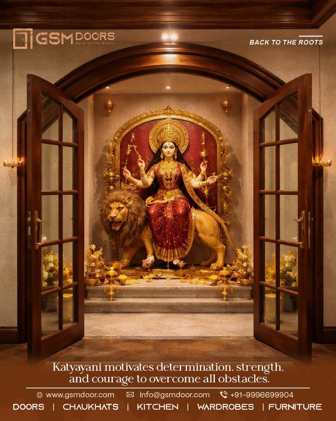 Navratri Poster: A richly decorated Durga shrine viewed through open wooden doors