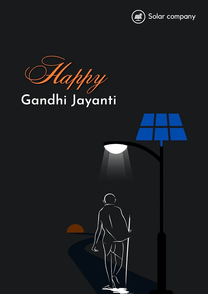 Gandhi Jayanti creative ad: Gandhi silhouette walking under a solar-powered street lamp