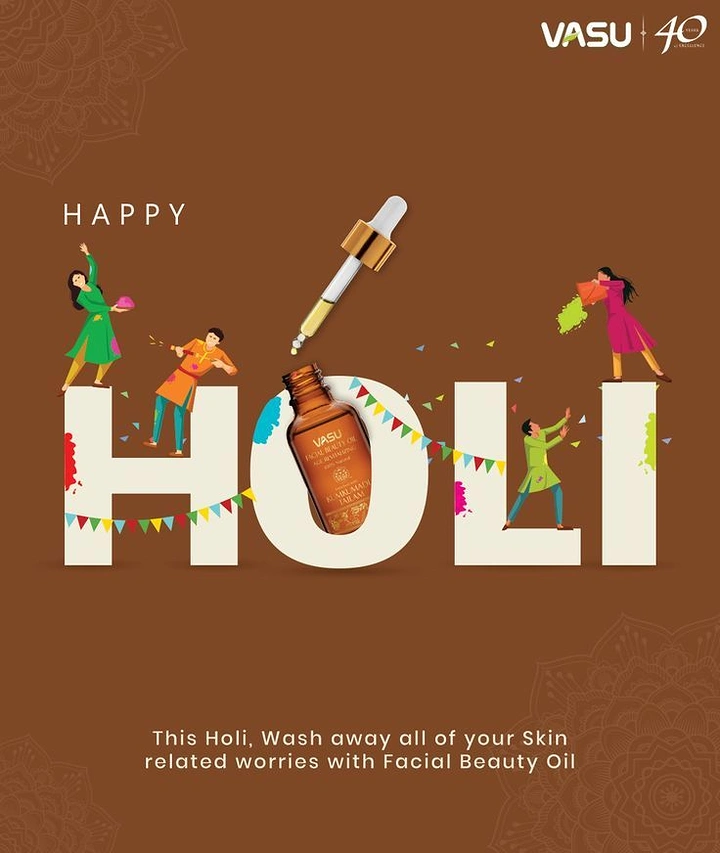 Holi creative ad: Serum bottle forming the O in giant HOLI letters with tiny people playing Holi