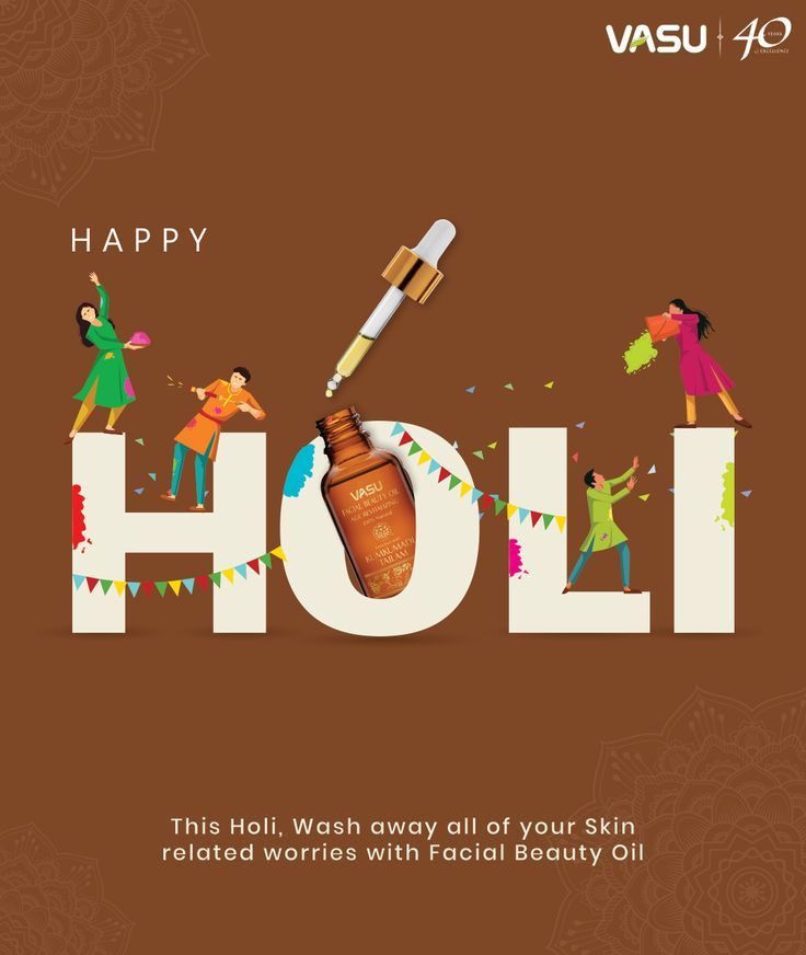 Holi Instagram post: Serum bottle forming the O in giant HOLI letters with tiny people playing Holi