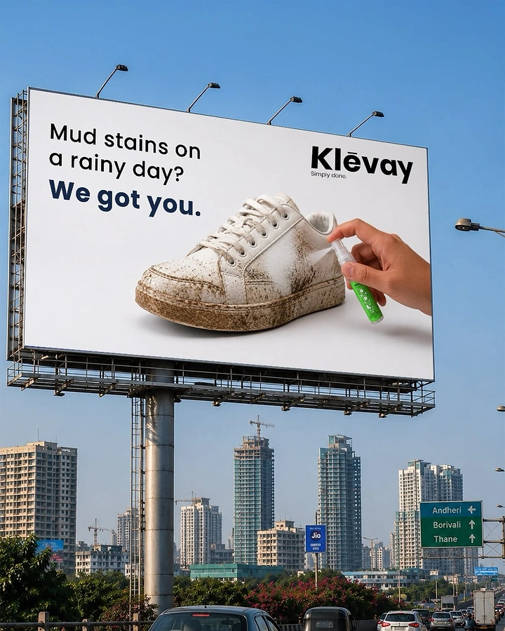 Waterproofing creative ad: Witty mud-stain promise for shoes