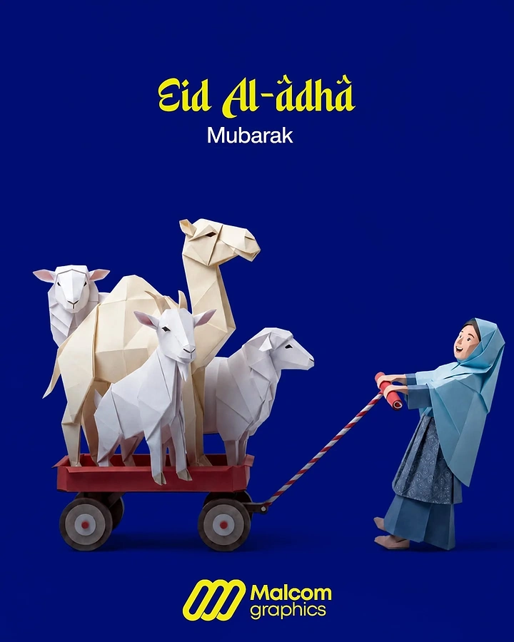 Eid creative ad: Origami girl pulling a wagon of paper animals
