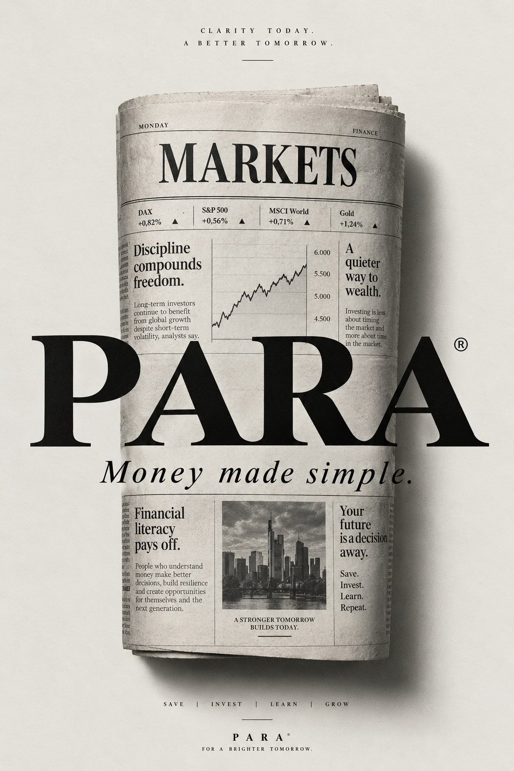 Poster: Folded financial newspaper with a giant serif wordmark across it