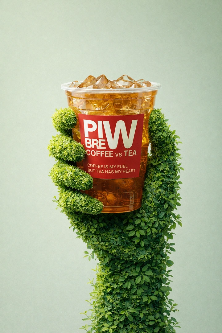 Tea & Chai Brands creative ad: Moss hand holds iced tea, nature metaphor