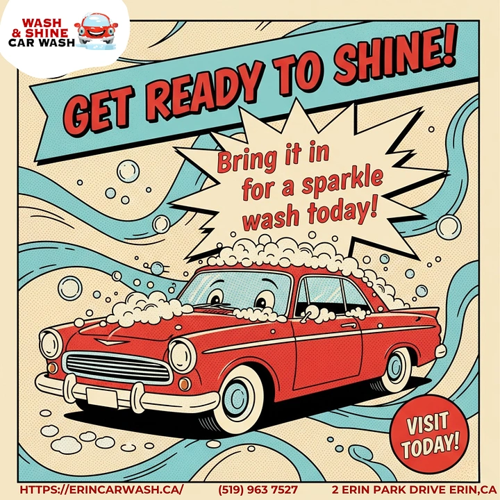 Car Wash & Detailing creative ad: Retro comic-book illustration of washed classic car