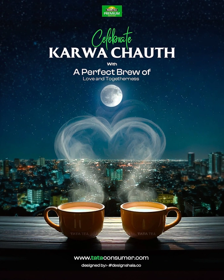 Karwa Chauth creative ad: Two cups of tea on a ledge with steam forming a heart under the moon