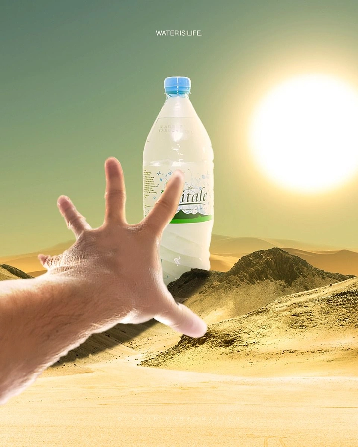 Packaged Drinking Water creative ad: Oversized reaching hand turns hydration into landscape drama