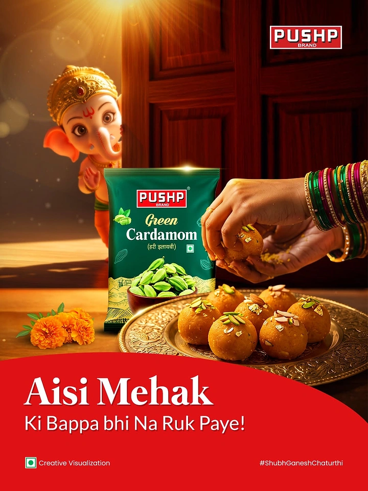 Ganesh Chaturthi creative ad: Peeking baby Ganesha eyeing ladoos beside a green cardamom pack
