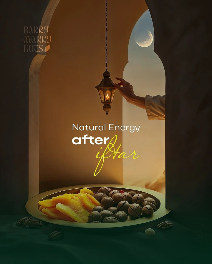Ramadan creative ad: Plate of dried mango and nuts under a lit lantern in an arch
