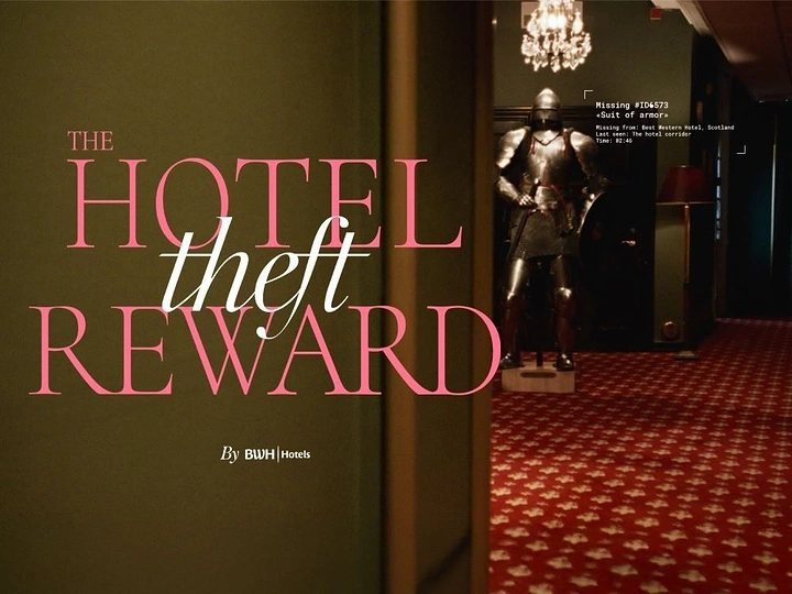 Creative ad: Suit of armour standing in a dim hotel corridor