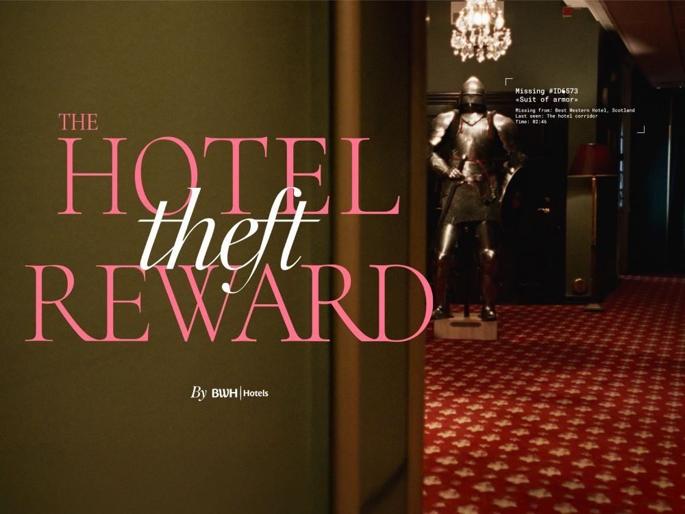 Banner: Suit of armour standing in a dim hotel corridor