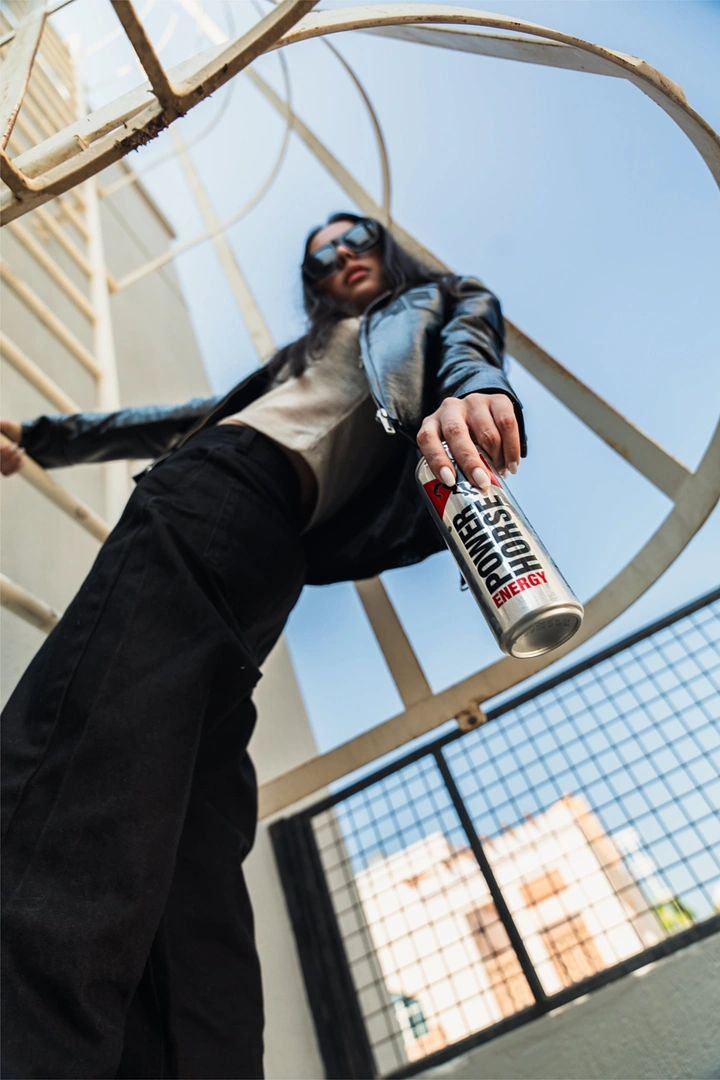 Energy & Sports Drinks creative ad: Dramatic low-angle product perspective