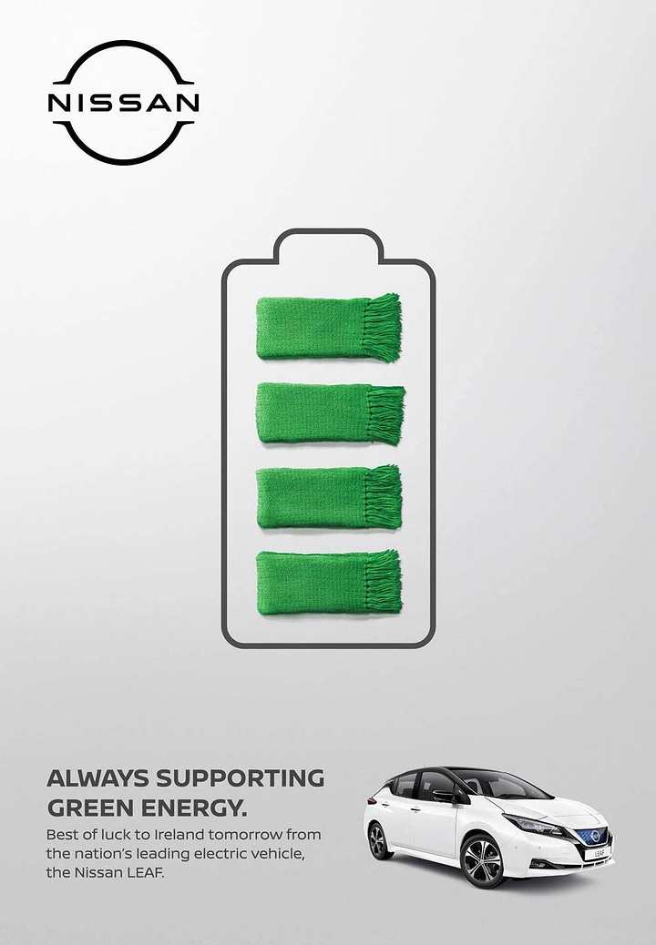 Electric Vehicles creative ad: Battery outline filled with four green supporter scarves