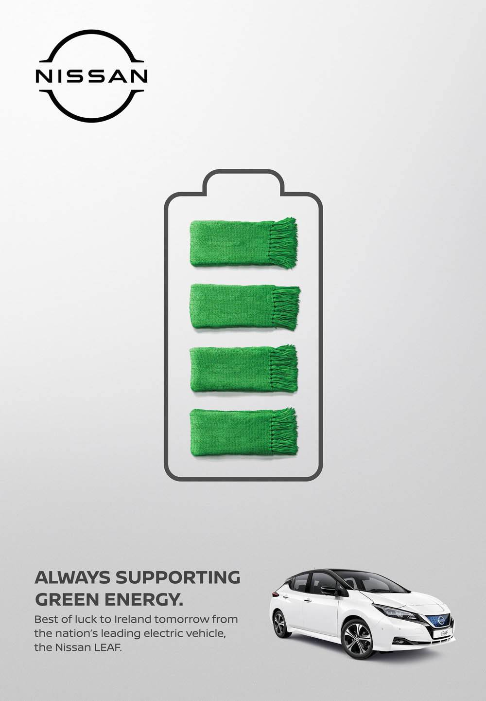 Poster: Battery outline filled with four green supporter scarves