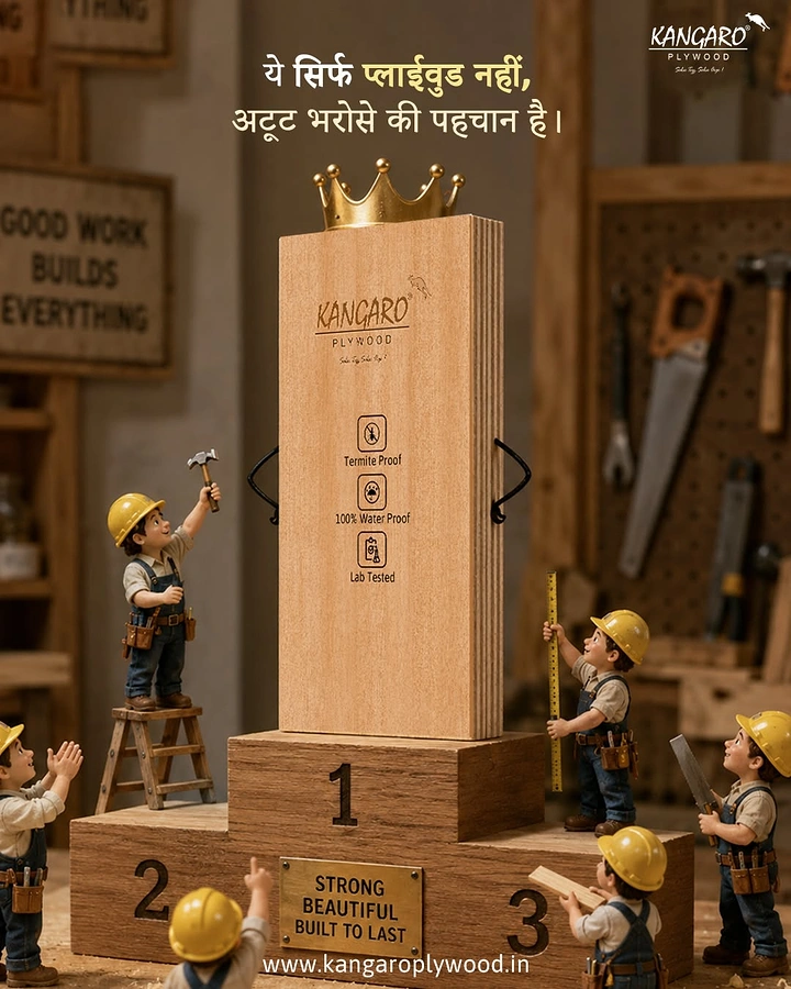 Carpenters & Woodwork creative ad: Plywood crowned on podium by mini workers
