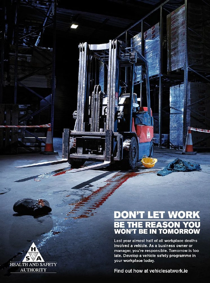 Logistics creative ad: Forklift in dim warehouse with bloody tyre tracks and abandoned boot