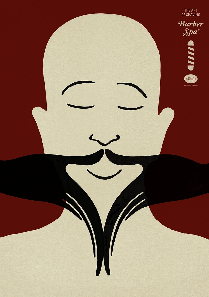 Spa & Massage creative ad: Serene bald man with oversized sculpted black mustache and beard