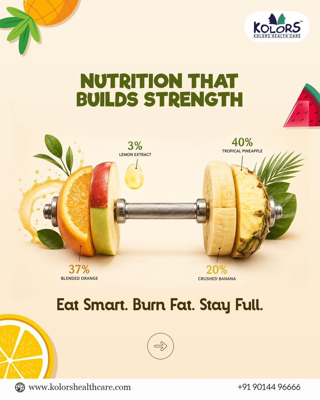 Instagram post: Fruit transformed into dumbbell metaphor