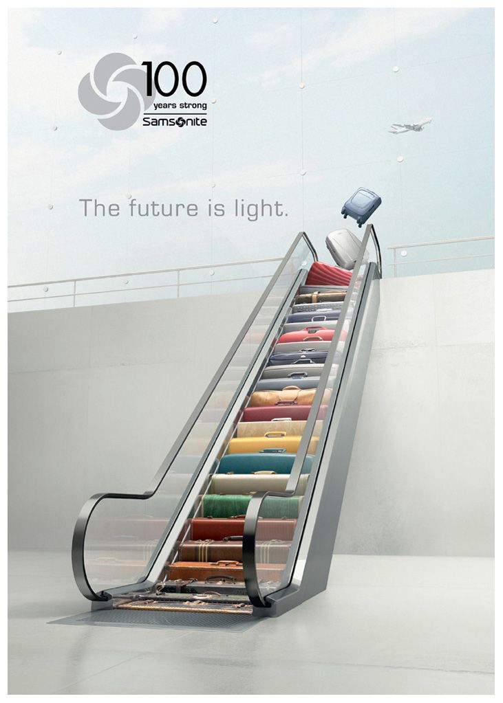Story: Suitcases form futuristic escalator journey