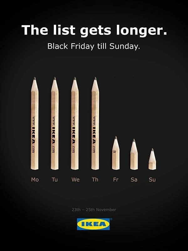Black Friday creative ad: Seven pencils worn down across the weekdays