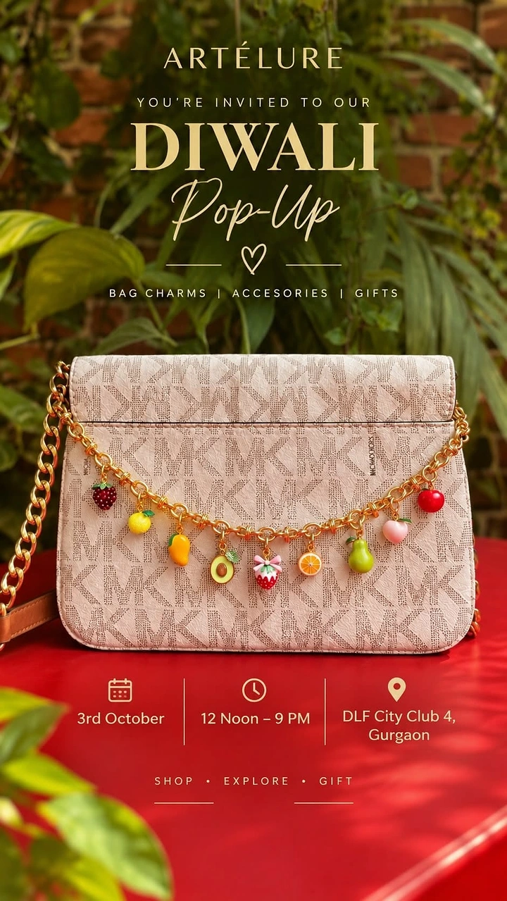Diwali creative ad: Patterned handbag decorated with colorful fruit charms
