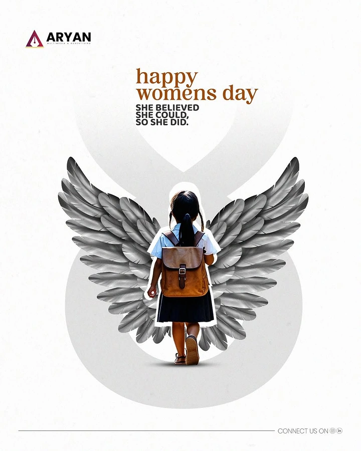 Women's Day creative ad: Schoolgirl walking away with grey feathered wings
