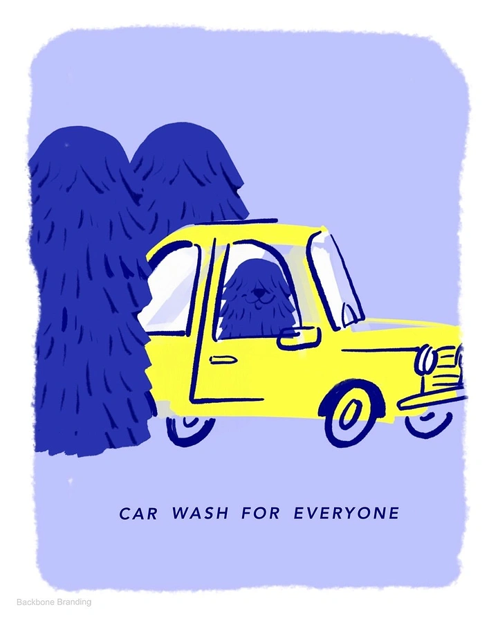 Car Wash & Detailing creative ad: Playful illustration, wash brushes as shaggy creature