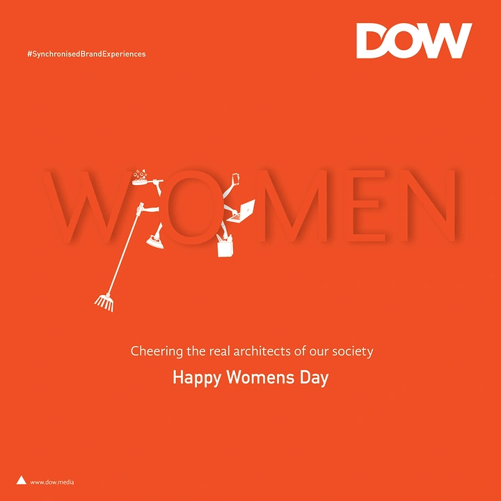Women's Day creative ad: Embossed word WOMEN with a multi-armed figure juggling chores and work