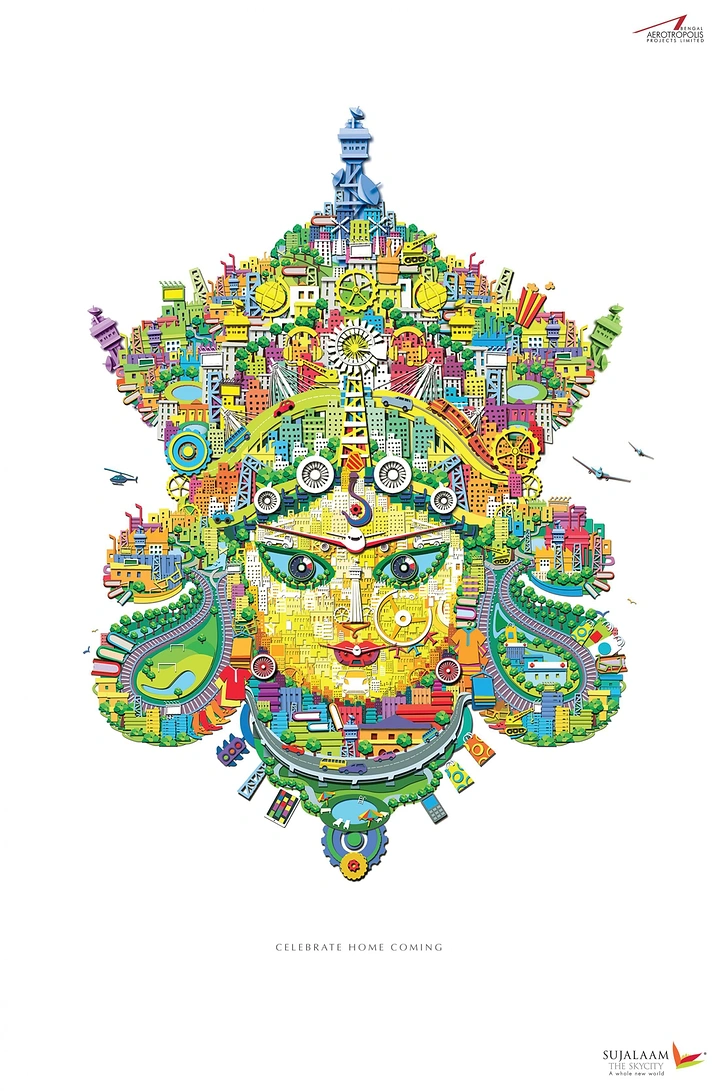 Durga Puja creative ad: Goddess Durga face built from a miniature colourful city