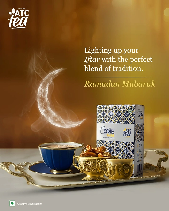 Ramadan creative ad: Tea cup with steam forming a crescent moon beside tea pack and dates on brass tray