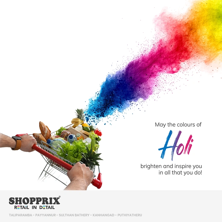 Holi creative ad: Loaded grocery cart releasing a rainbow powder burst
